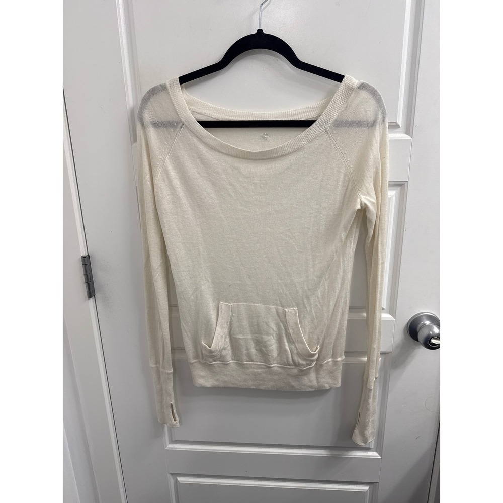 Lululemon Cream Knit Long Sleeve pullover Sweater Kangaroo Pocket Thumbholes sm